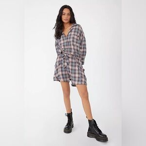 Free People Viscose Blend Before I Let Go Plaid Romper in Blue & Brown Tie Wasit
